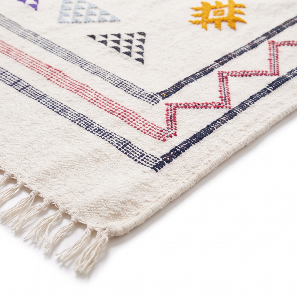 Tapis berbère blanc double bordure zigzag