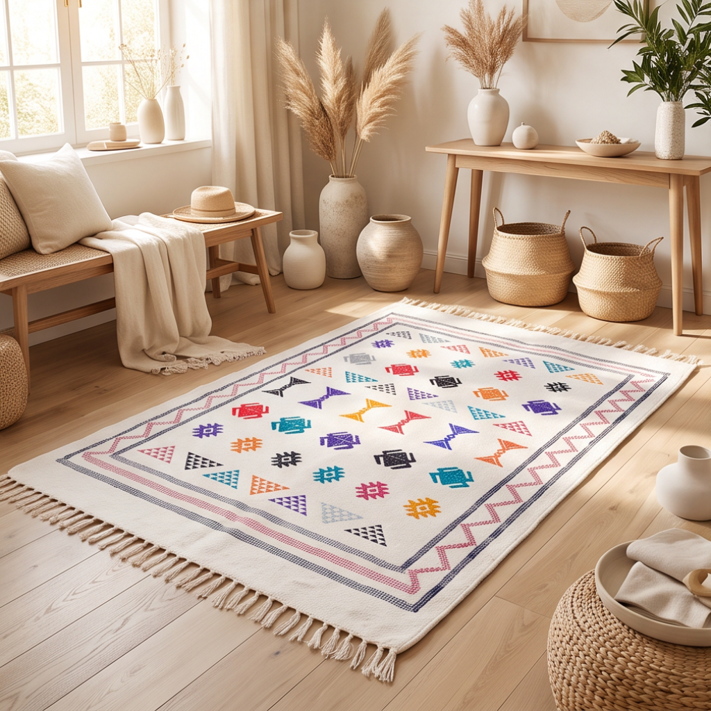 Tapis berbère blanc double bordure zigzag