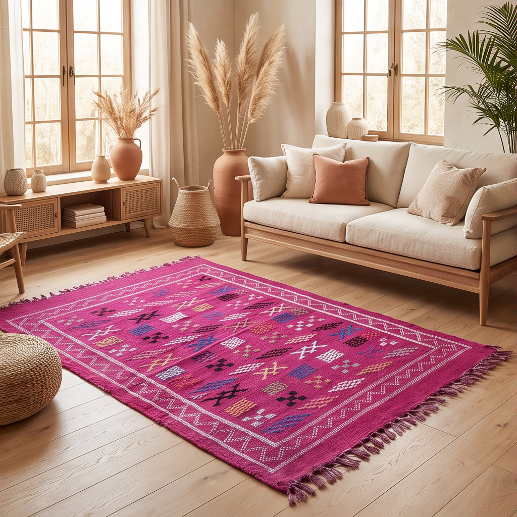 Tapis berbère fuchsia bordure zigzag 95x150 cm