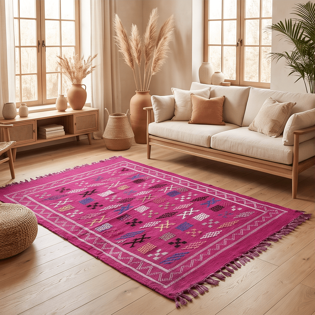 Tapis berbère fuchsia bordure zigzag 95x150 cm