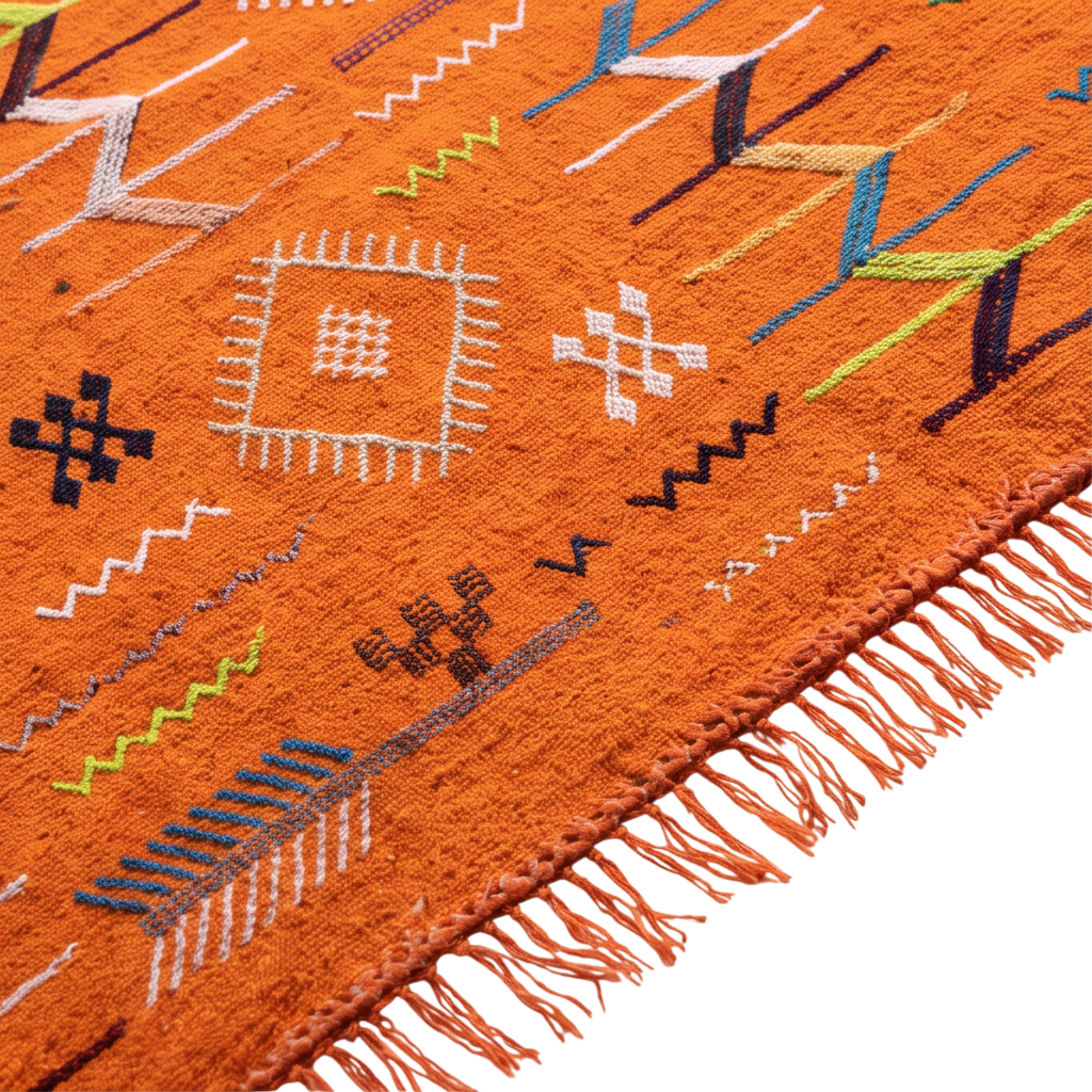 Tapis berbère orange motifs multicolores
