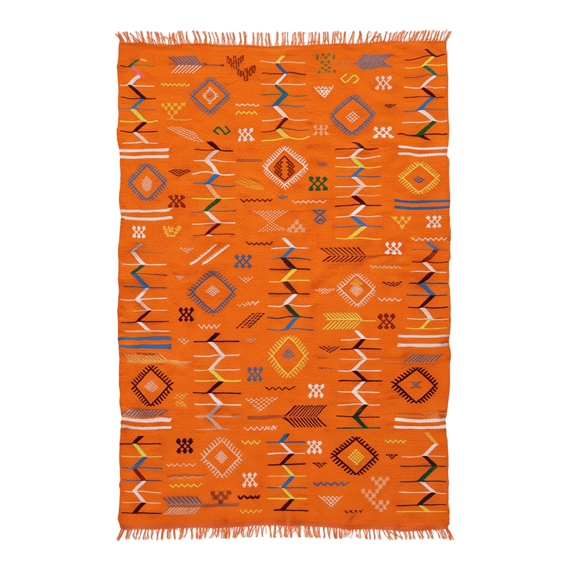 Tapis berbère orange motifs multicolores