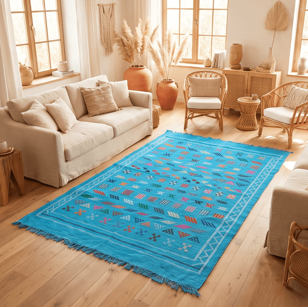 Tapis berbère bleu turquoise motifs multicolores