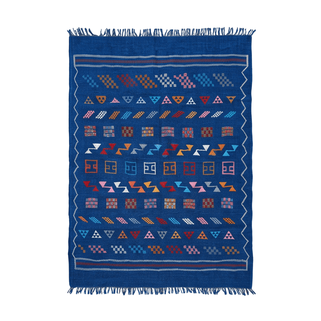 Tapis berbère bleu roi motifs multicolores