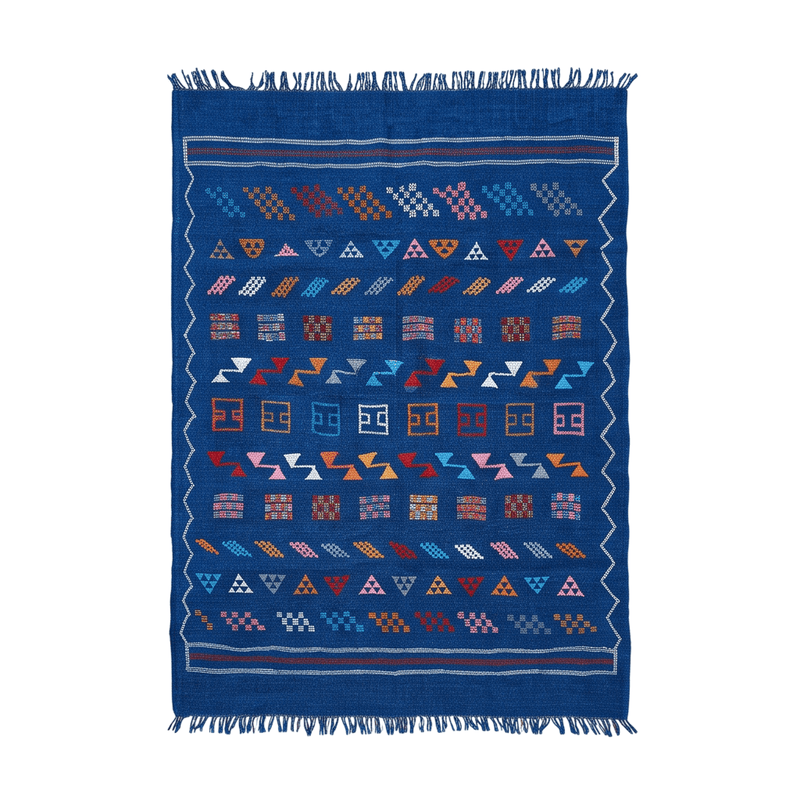 Tapis berbère bleu roi motifs multicolores