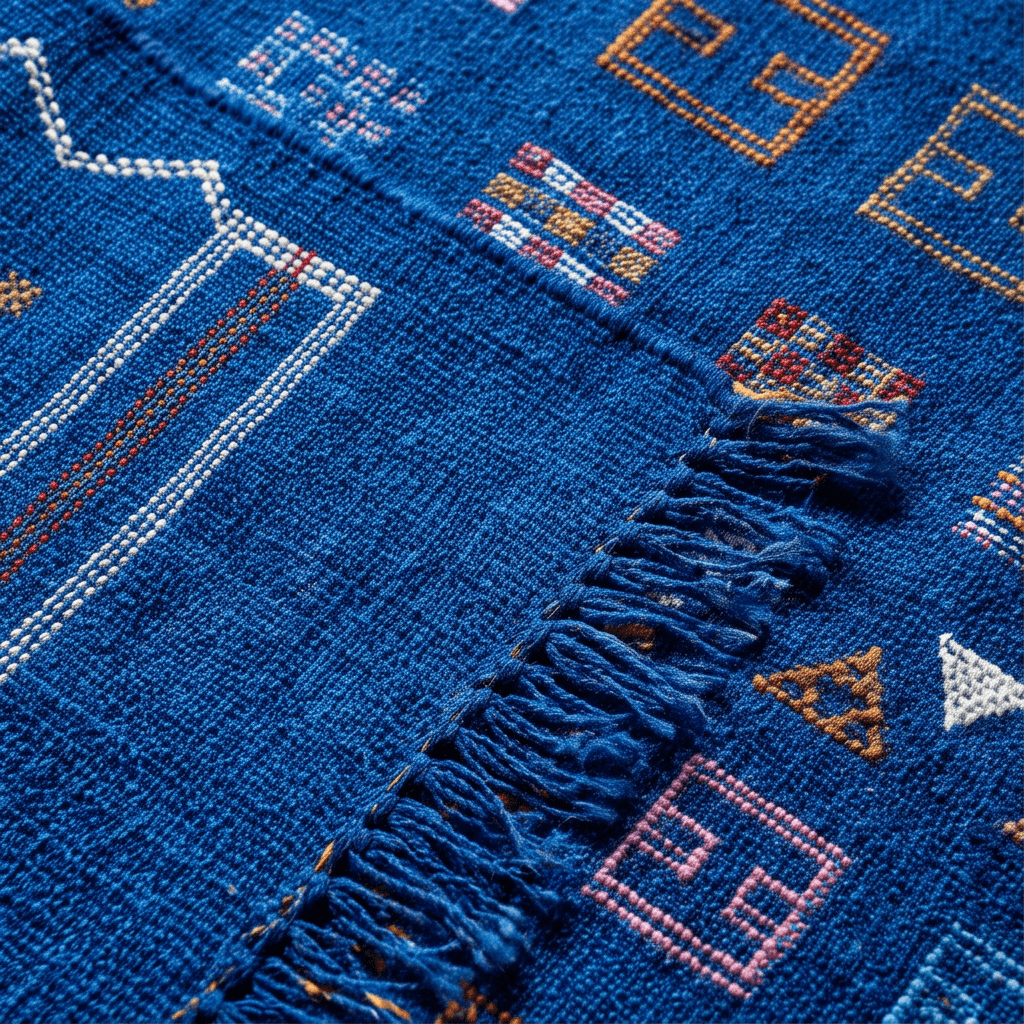 Tapis berbère bleu roi motifs multicolores
