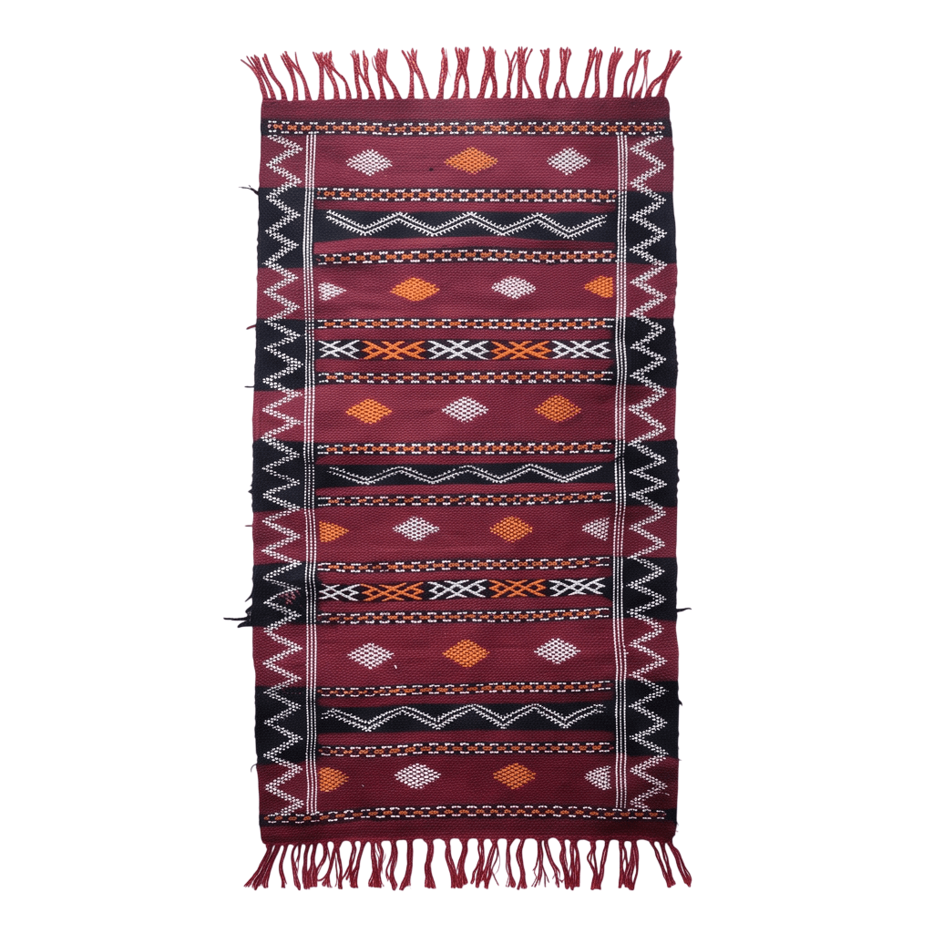 Tapis Kilim bordeaux et noir motifs berbères