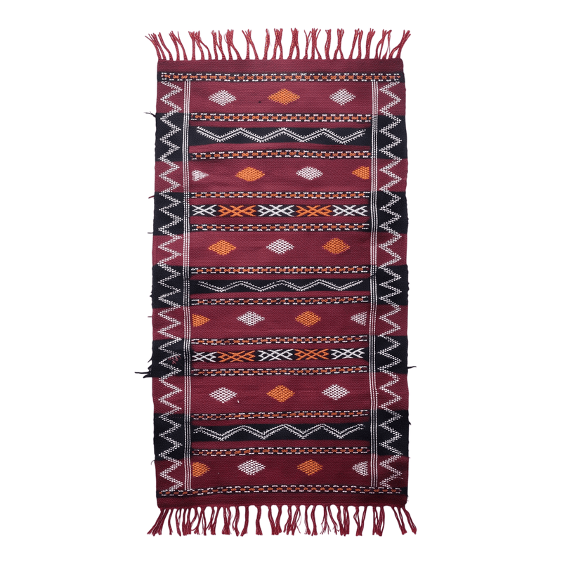 Tapis Kilim bordeaux et noir motifs berbères