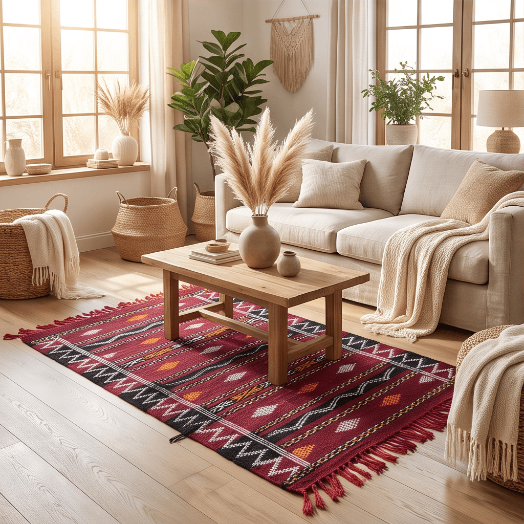 Tapis Kilim bordeaux et noir motifs berbères