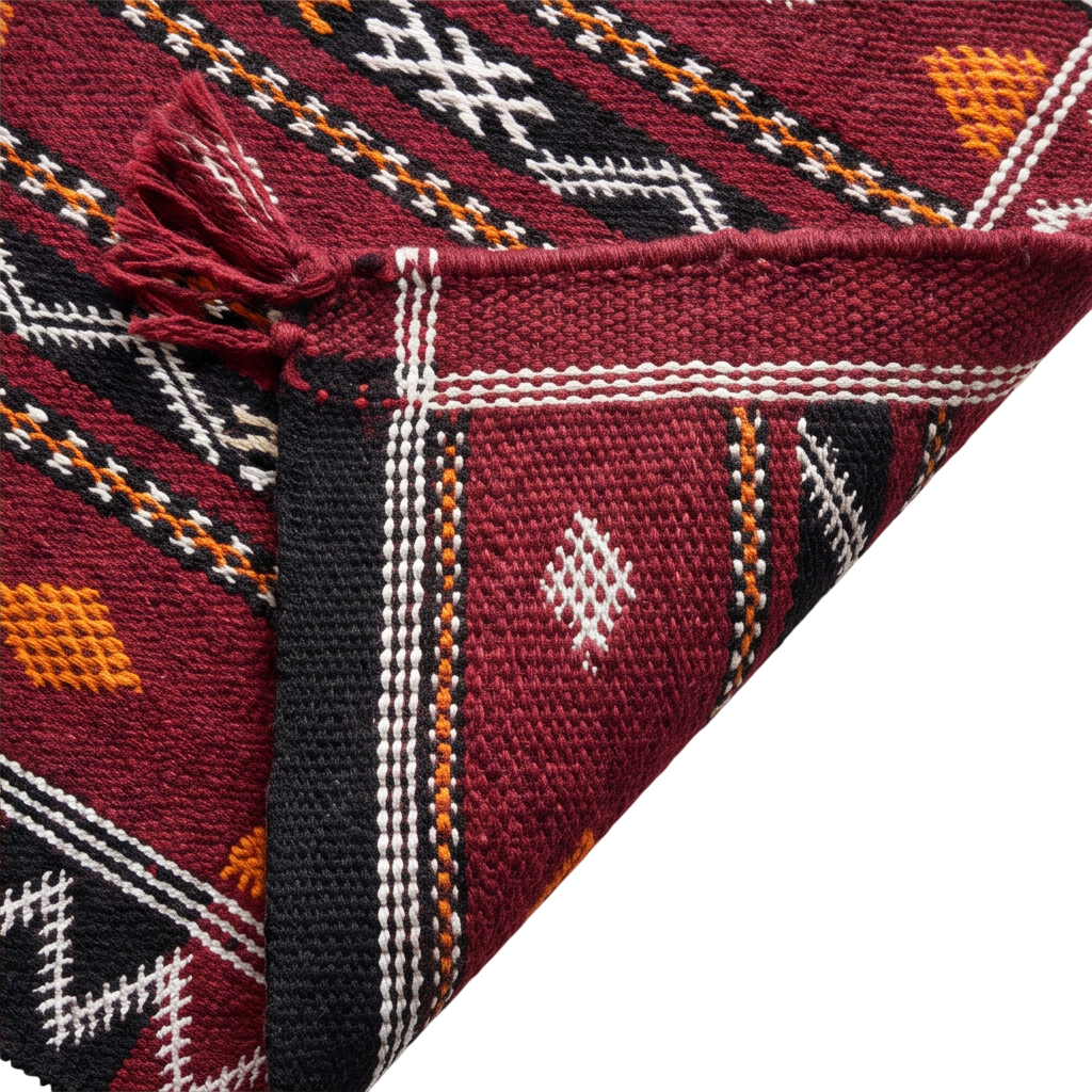 Tapis Kilim bordeaux et noir motifs berbères