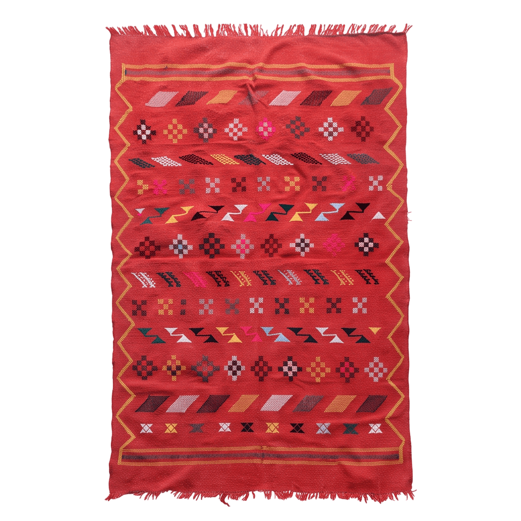 Tapis berbère rouge vif motifs multicolores