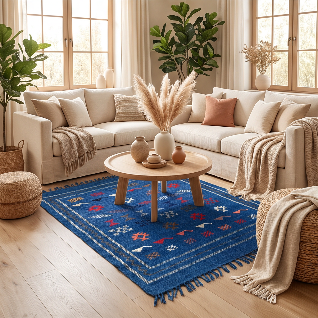 Tapis berbère bleu indigo brodé 100x140 cm