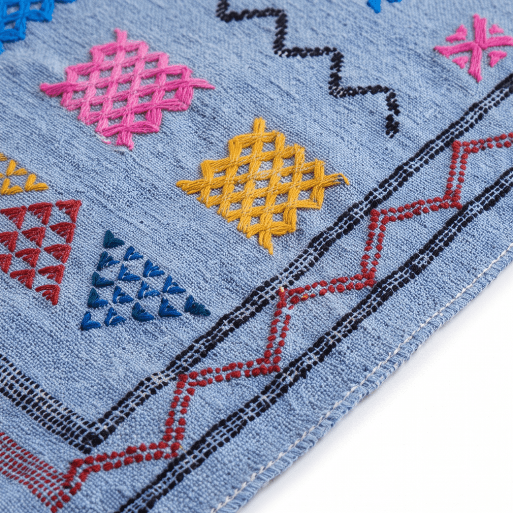 Tapis berbère bleu ciel motifs multicolores