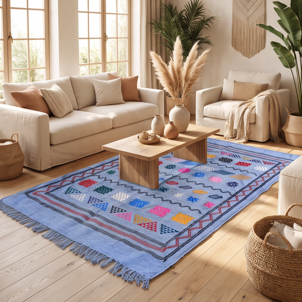 Tapis berbère bleu ciel motifs multicolores