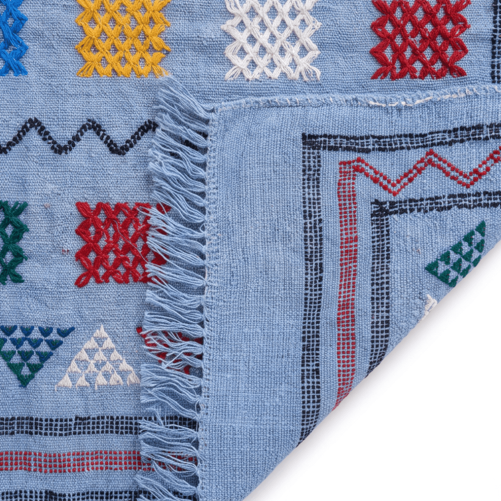 Tapis berbère bleu ciel motifs multicolores