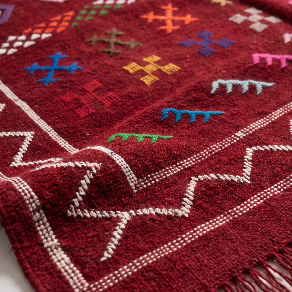 Tapis berbère bordeaux motifs colorés