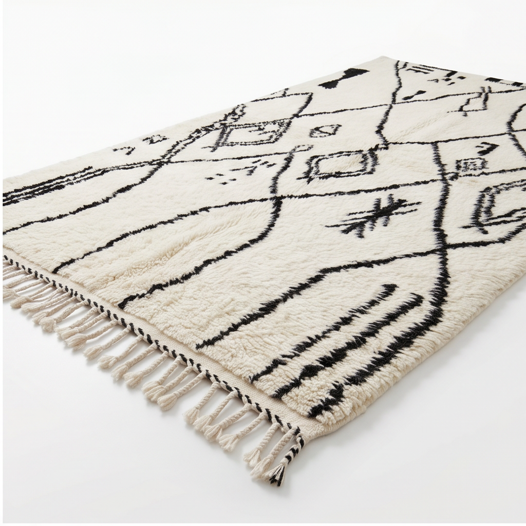 Tapis berbère Azilal blanc à grands losanges et symboles noirs
