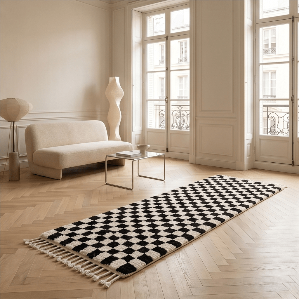 Tapis couloir berbère damier noir - Sur mesure