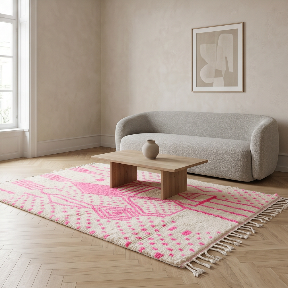 Tapis Azilal blanc à motifs rose 200x300 cm