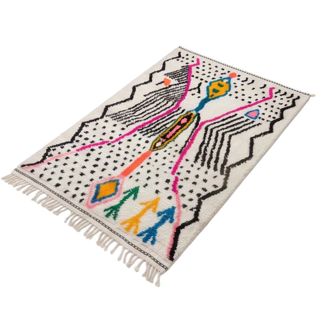 Tapis Azilal motifs colorés et pois noirs