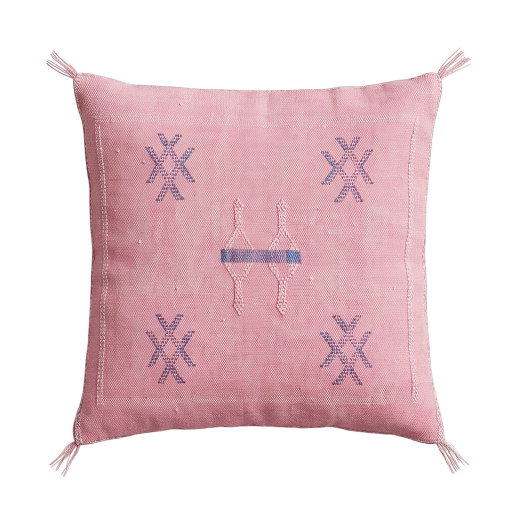 Coussin Cactus Soie rose à motifs bleus