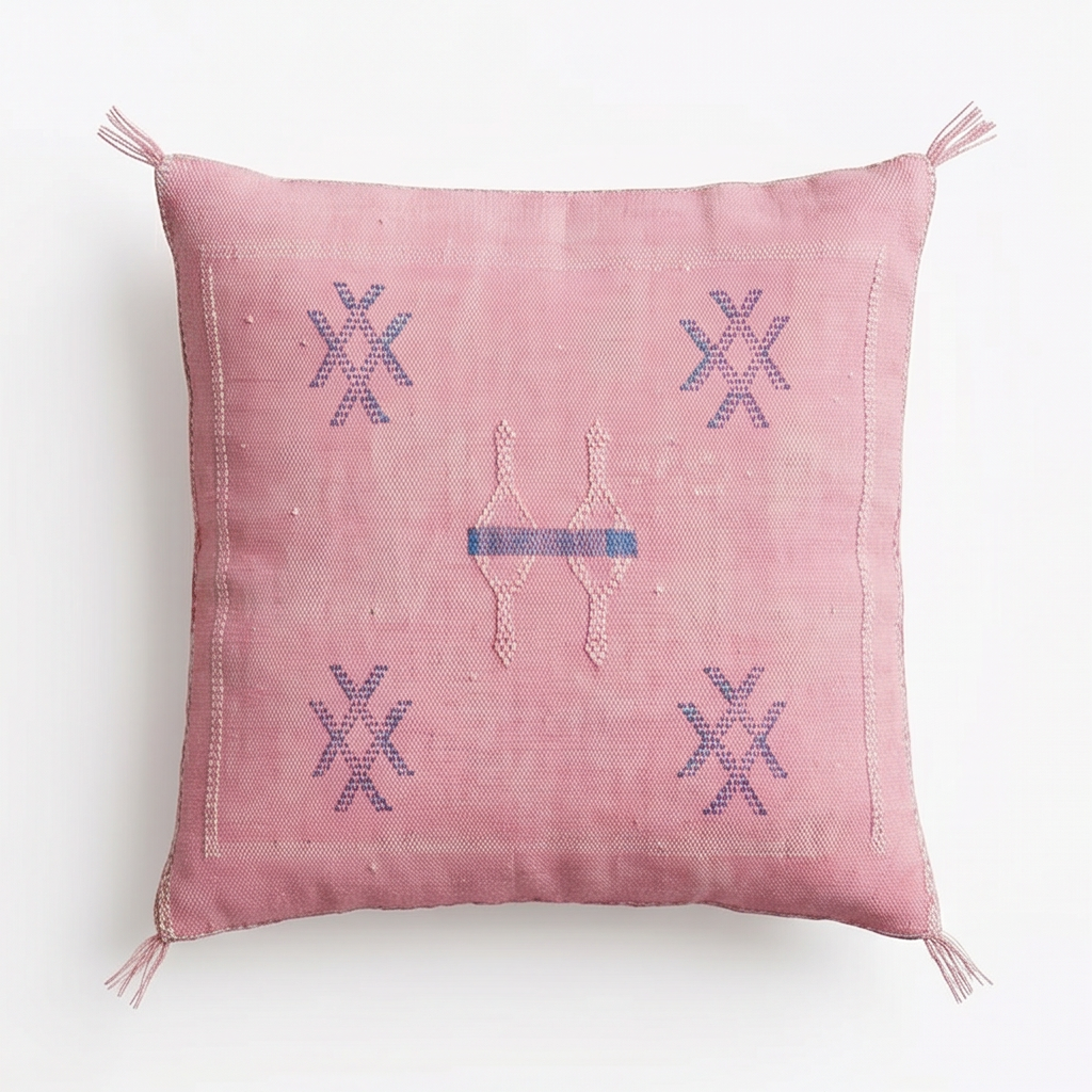 Coussin Cactus Soie rose à motifs bleus