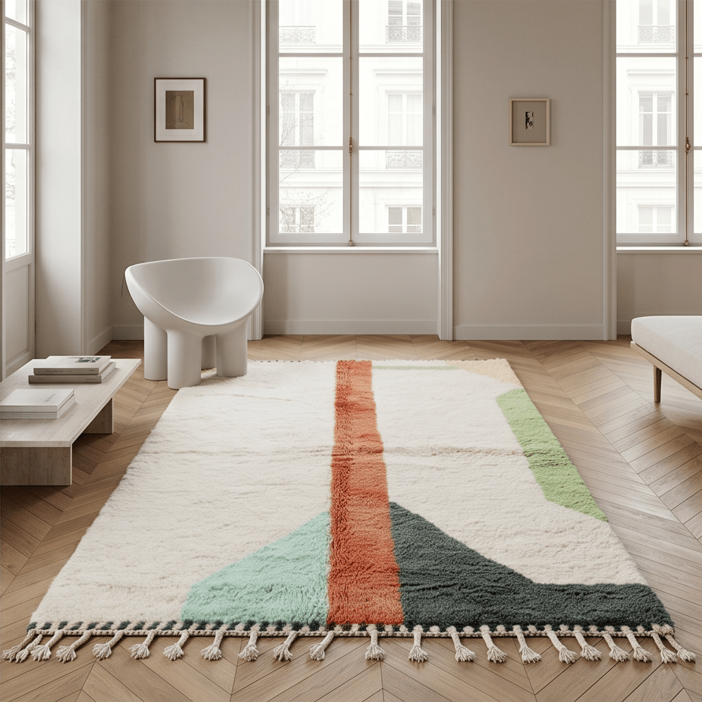 Tapis marocain blanc à formes colorées