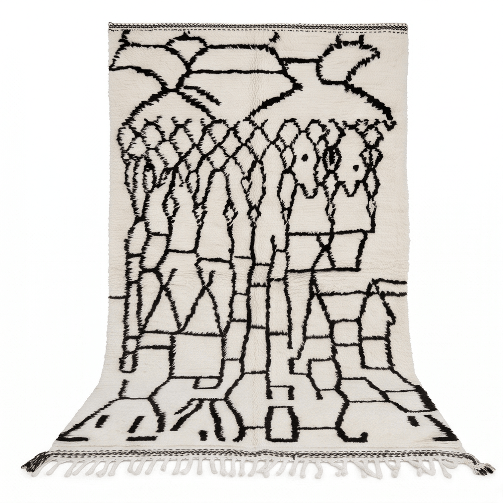 Tapis Azilal blanc aux motifs noirs