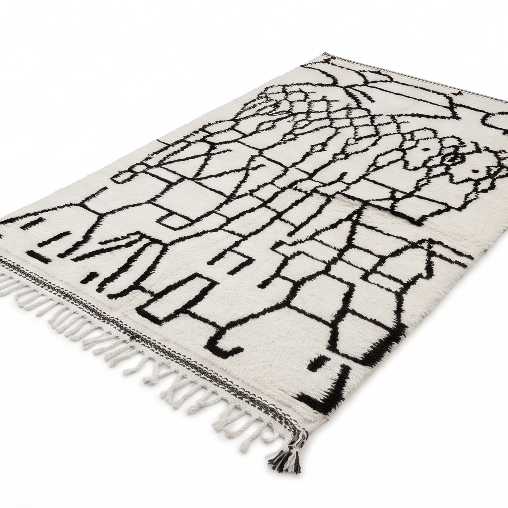 Tapis Azilal blanc aux motifs noirs
