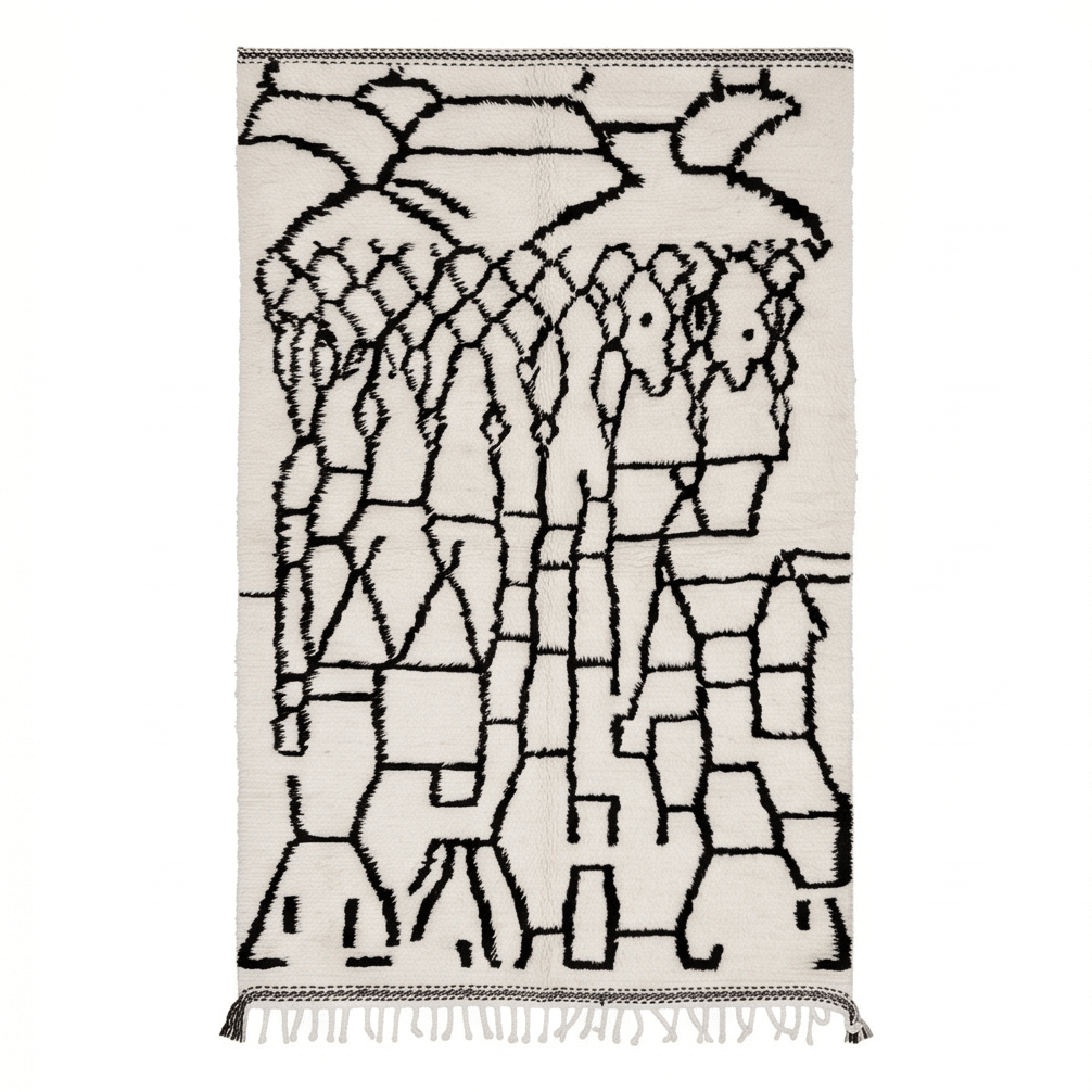 Tapis Azilal blanc aux motifs noirs