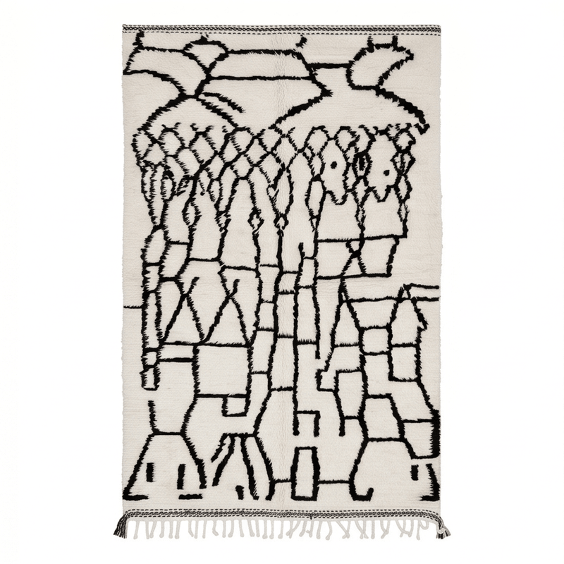 Tapis Azilal blanc aux motifs noirs