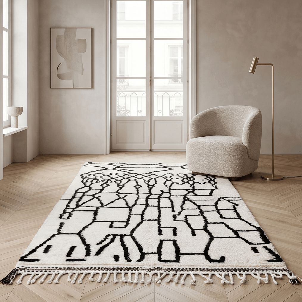 Tapis Azilal blanc aux motifs noirs