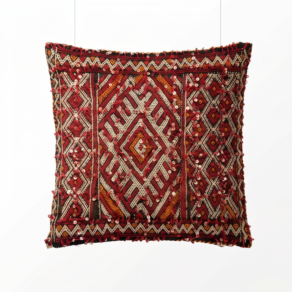 Coussin Kilim berbère rouge à sequins