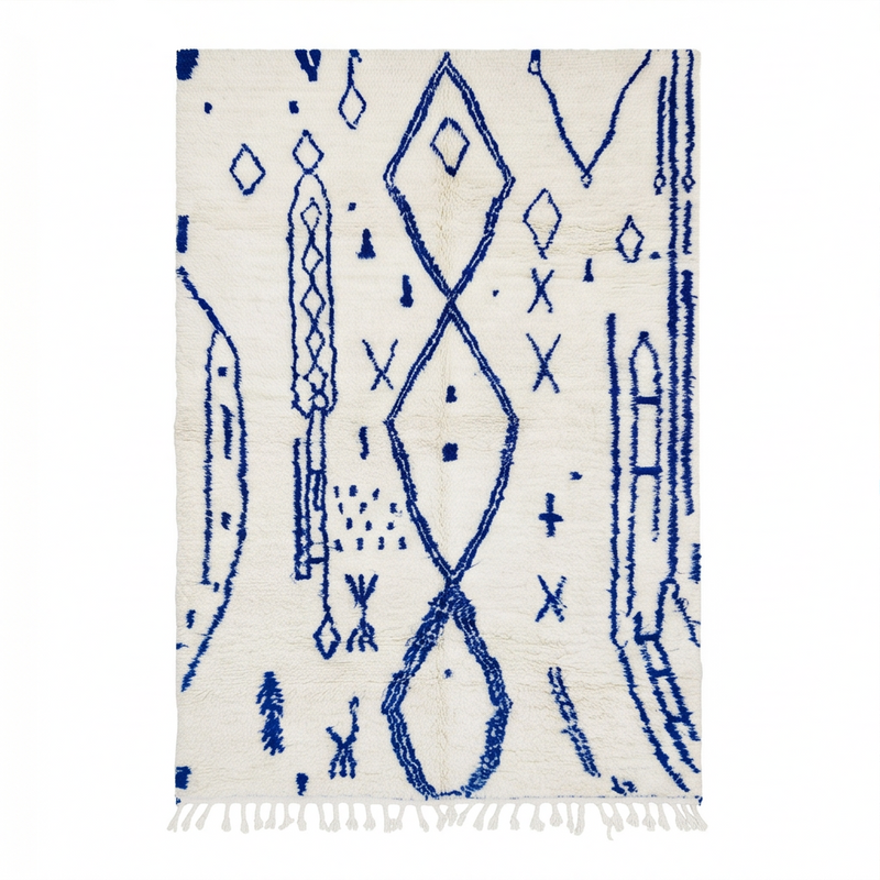 Grand Tapis Azilal blanc à médaillons bleu