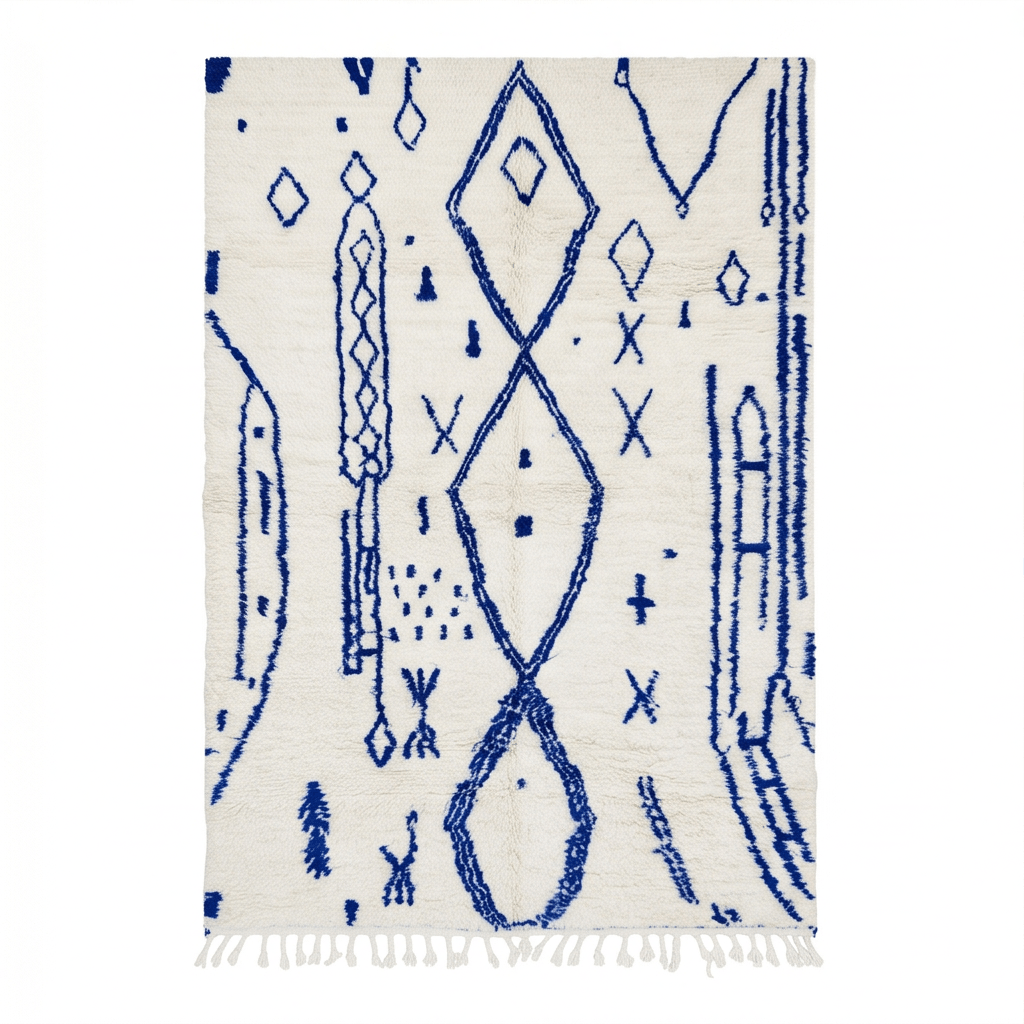 Grand Tapis Azilal blanc à médaillons bleu