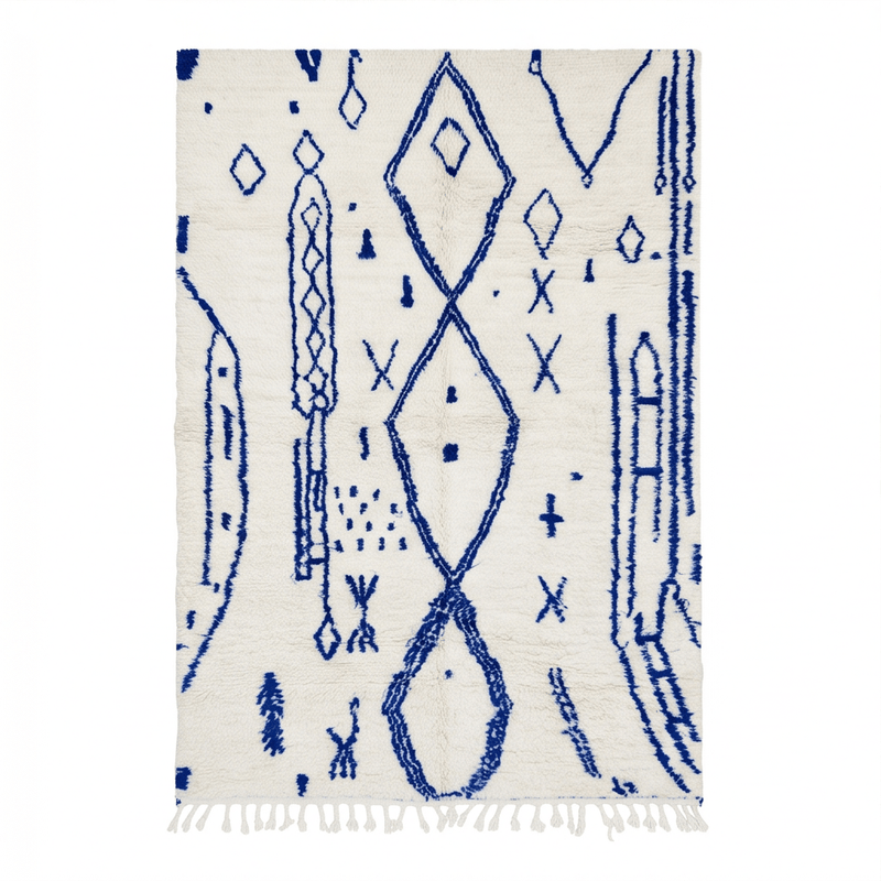 Grand Tapis Azilal blanc à médaillons bleu