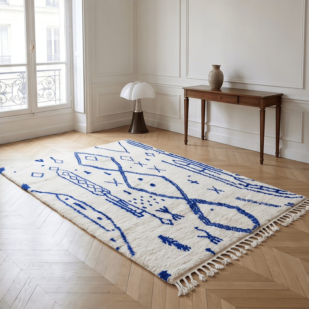 Grand Tapis Azilal blanc à médaillons bleu