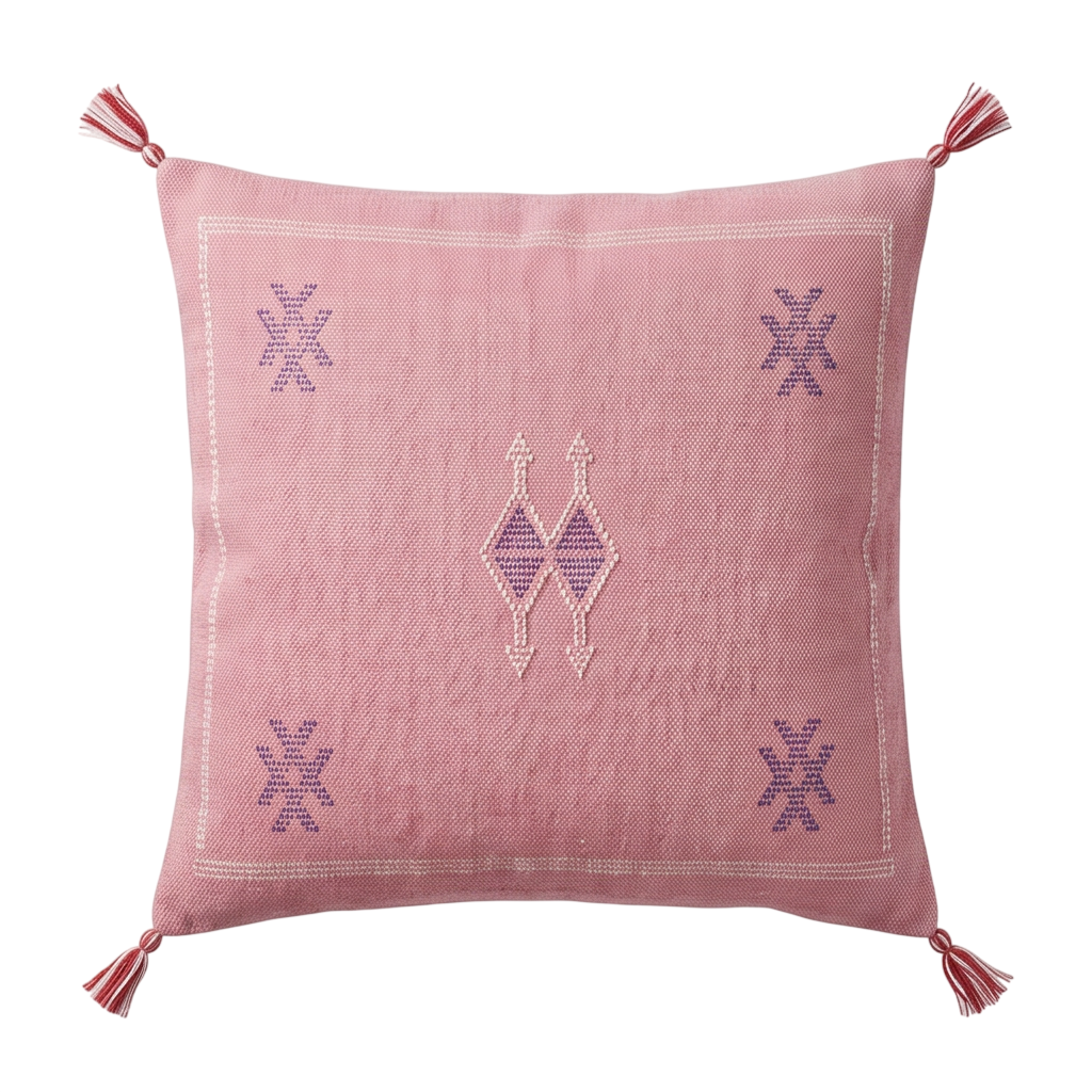 Coussin Cactus Soie rose à motifs violets