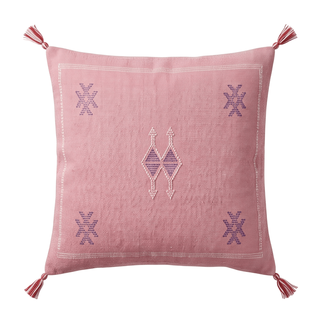 Coussin Cactus Soie rose à motifs violets