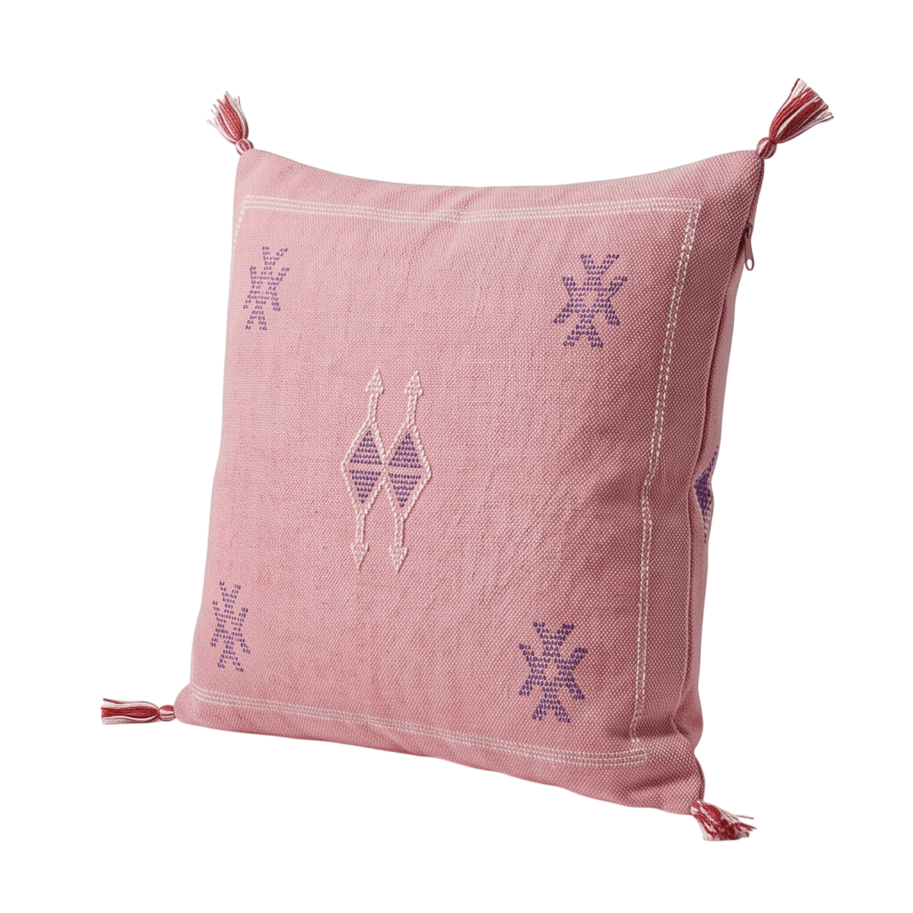 Coussin Cactus Soie rose à motifs violets