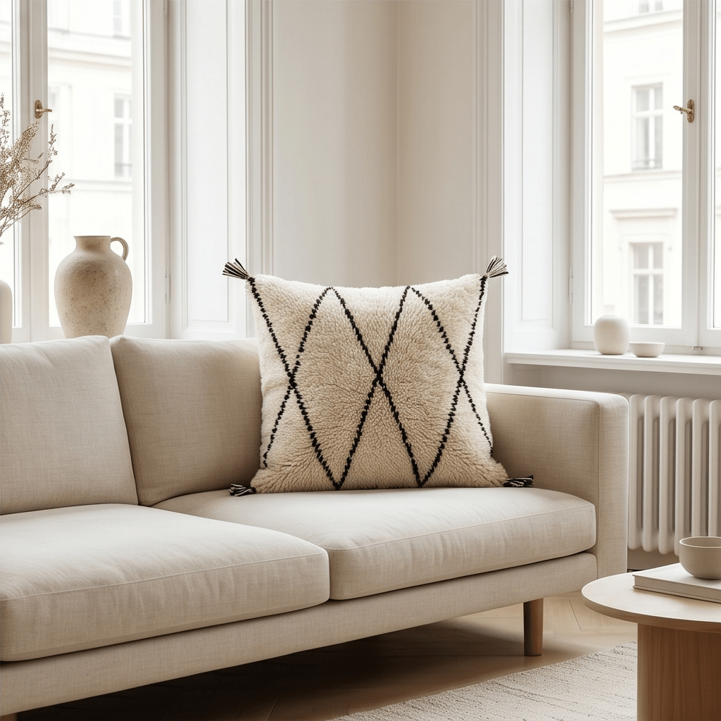 Coussin Béni Ouarain blanc et noir à losanges
