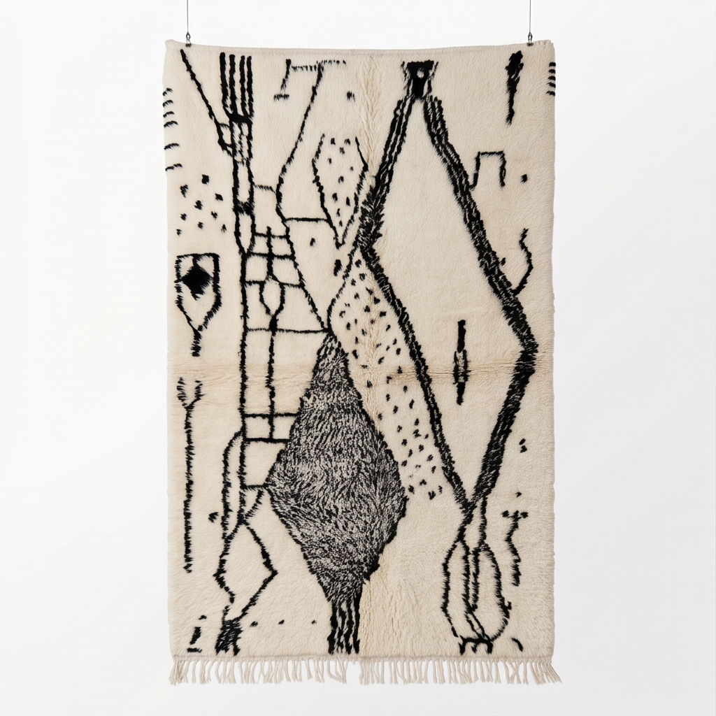Tapis Azilal motifs abstrait noir et gris