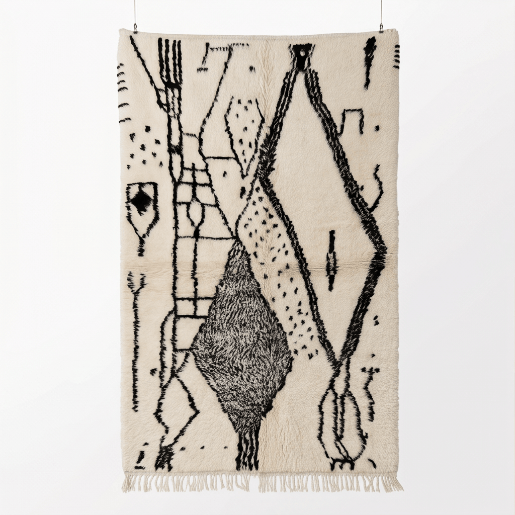 Tapis Azilal motifs abstrait noir et gris