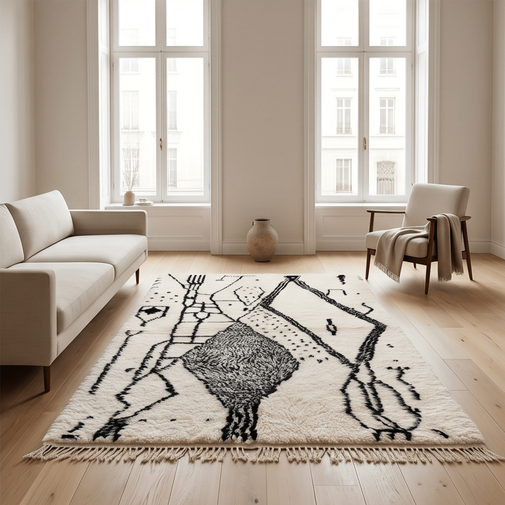 Tapis Azilal motifs abstrait noir et gris