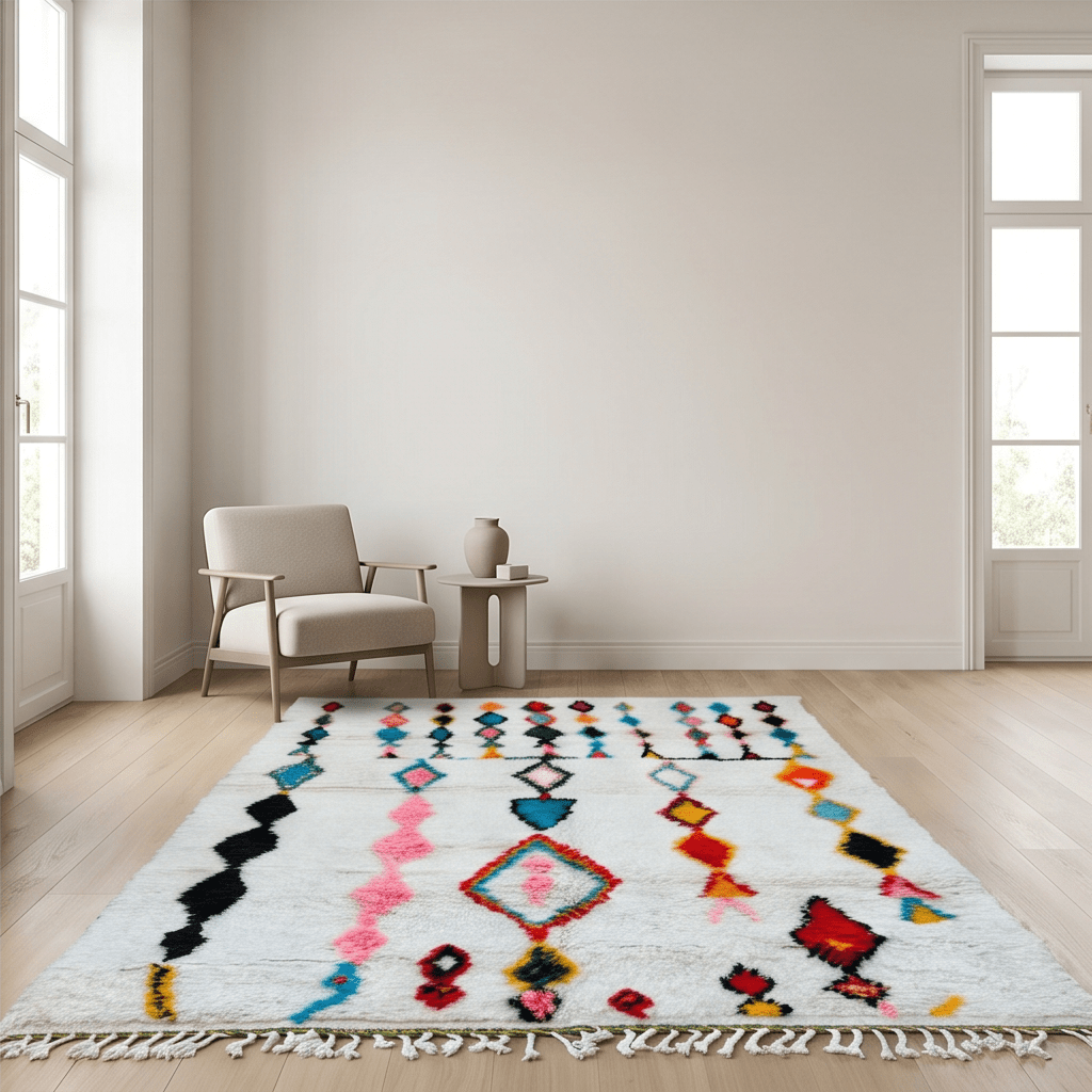 Tapis Azilal blanc à pluie de losanges