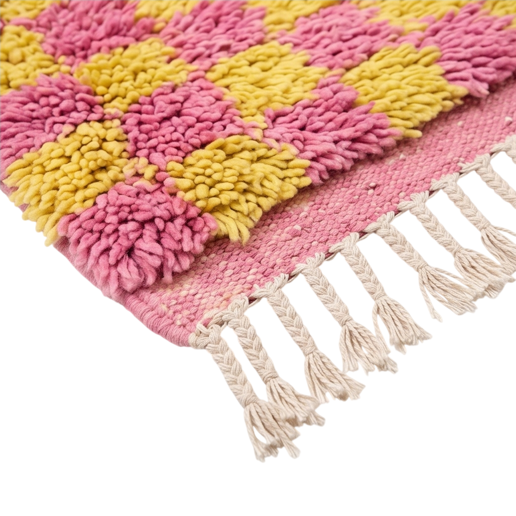 Petit tapis berbère damier rose et jaune