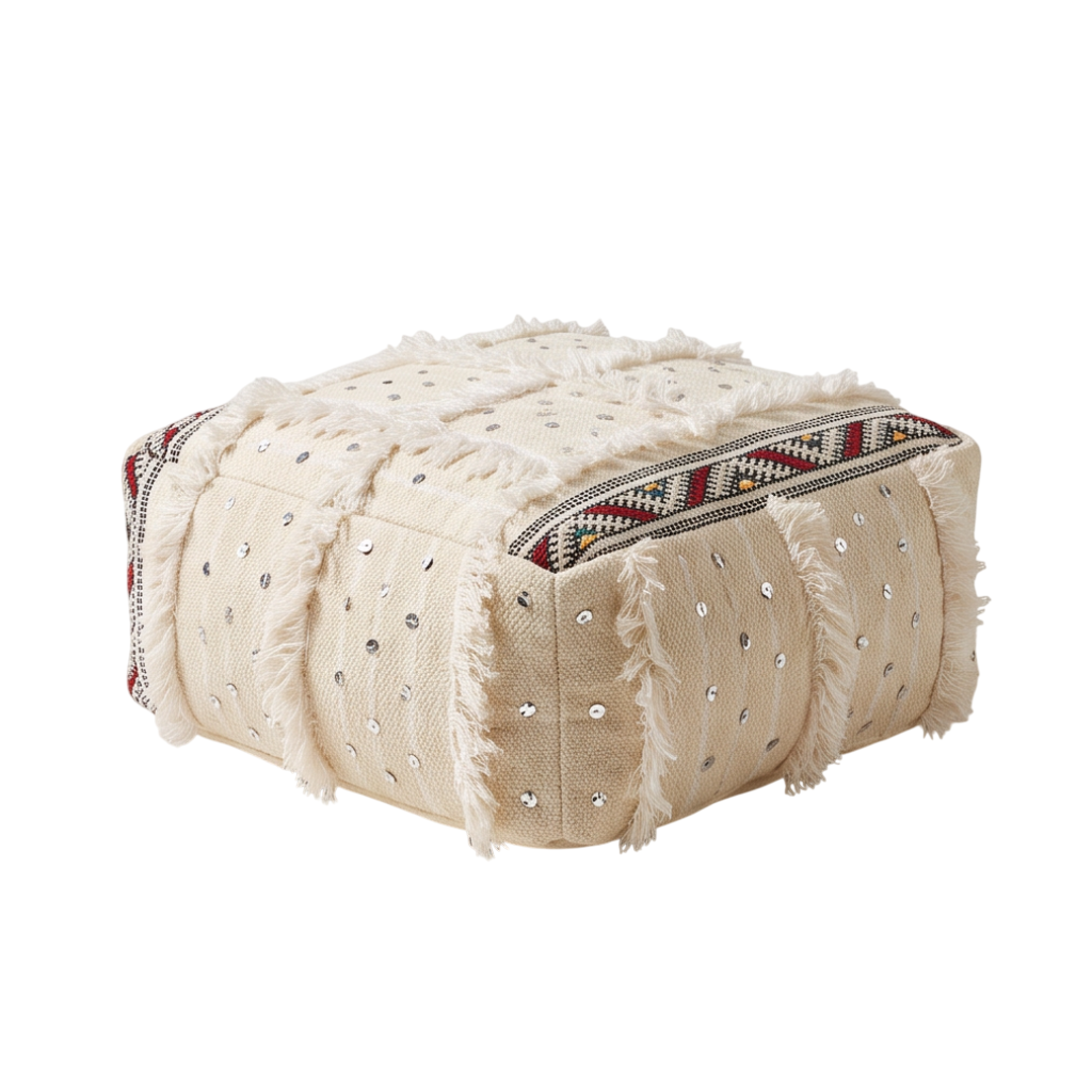 Pouf berbère écru en laine à sequins