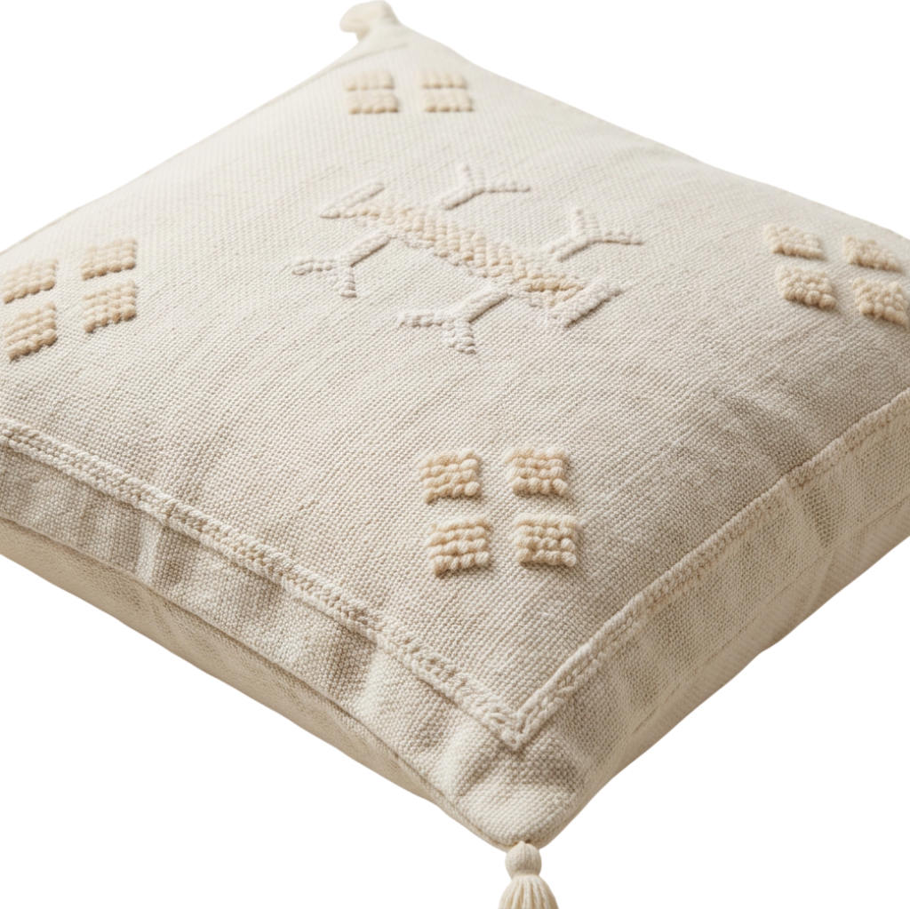 Coussin berbère écru motif jaune pastel
