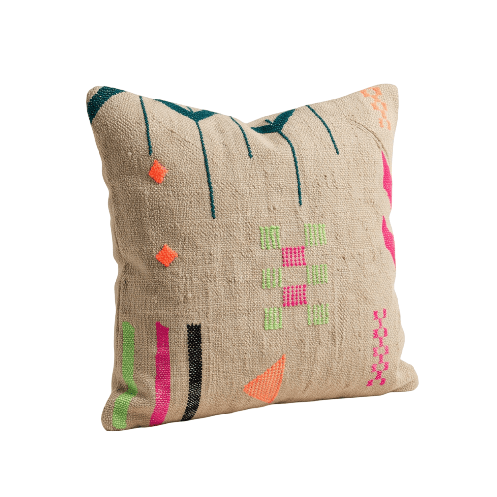 Coussin berbère taupe motifs fluo Kilim