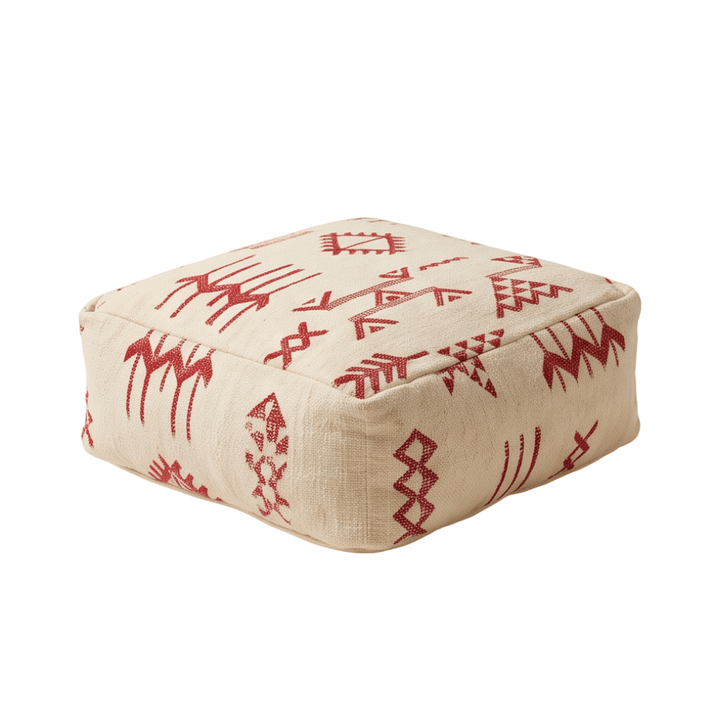 Pouf berbère écru symboles rouges